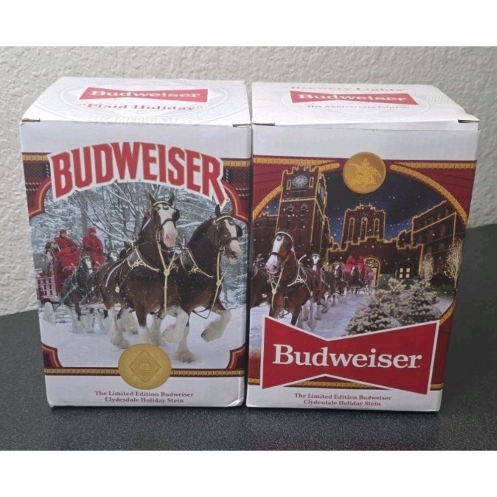 2 Budweiser Clydesdale Stein Plaid Holidays Brewery Lights 41st 40th Edition NEW